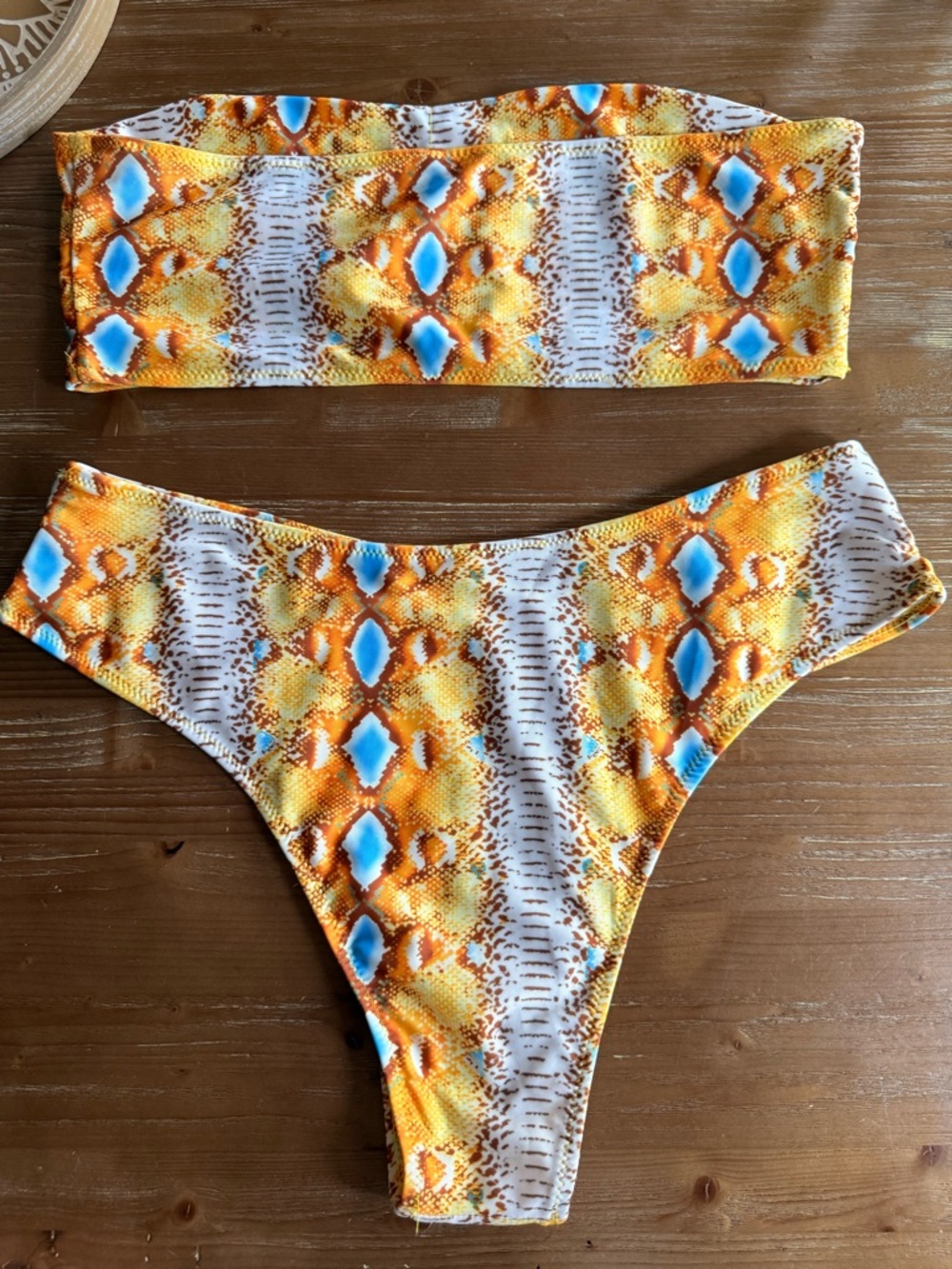 Amazon Yellow Orange Blue Patterned Bandeau Bikini Set - Picture 2 of 10